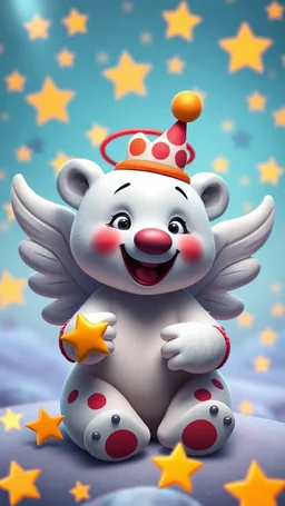 polar bear clown angel, Pixar-inspired, expertly crafted in a whimsical and vibrant cartoon style. is masterfully rendered in a lifelike 3D design, which captivates viewers with there irresistible charm. The background is filled with warm, inviting colored stars and a 3D rend