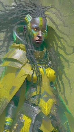 A woman has tanned skin, yellow eyes and black dreads. Her face show her superiority in the eyes of others. She is dressed in an armor with a few pieces of yellow and green cloak sticking out.