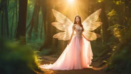 A gorgeous smiling Asian model in a fairy outfit with great glittering wings in a magic forest with 1000 y/o trees, a small torrent, sun rays through the branches, particles in the air at dawn