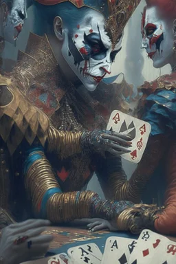 A harlequin character, playing cards with other people , sf, intricate artwork masterpiece, ominous, matte painting movie poster, golden ratio, trending on cgsociety, intricate, epic, trending on artstation, by artgerm, h. r. giger and beksinski, highly detailed, vibrant, production cinematic character render, ultra high quality model