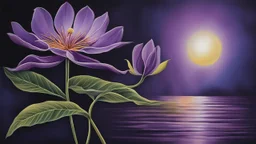 This artistic piece is an embodiment of beauty and harmony. It expertly blends the colors of the spectrum to create a mesmerizing effect that captivates both the eyes and the mind. The focal point of the artwork is a single flower, a deep lilac blossom with its delicate petals gleaming under the moonlight. The vibrant colors harmonize with the dark background in a way that creates a splendid contrast.