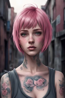 1girl, hoodie, arm tattoo, portrait, asymmetrical bangs, bandaid, short hair, bangs, breasts, freckles, grey eyes, large breasts, looking at viewer, neck tattoo, nose piercing, pink hair, scar, scar on face, solo, tattoo on face, upper body, detailed background, town, alley, dark alley, portrait, hood on head, night, angry, close up, closed mouth, , ((masterpiece)), absurdres <lora:arcane_offset:1>