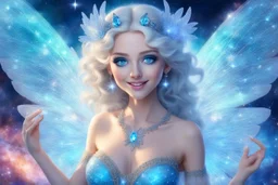 A beauty Fairy women with long lightblue hairy and swrety big Blue eyes. She has Crystal wings . She has a beautiful eyes and a sweety elegant Smile. She Is a magic sacred dancer in cosmic ceremony..the background Is a magic coloured bright galaxy, with stars. We can see her total figure dancing