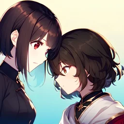 anime style, two girls angrily looking at each other, short curly hair, brown hair, black hair, brown eyes, red eyes, high quality, detailed.