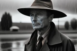 fotografía en blanco y negro, un hombre vestido con abrigo y sombrero de ala ancha, bajo la tormenta, fotografía realizada con cámara Leica y objetivo de 35 mm