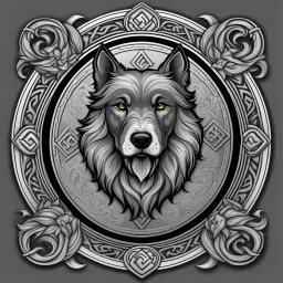 perro cerbero estilizado antiguo con un marco elegante con runas y el nombre "cerberus custos infernis" en la base, todo en escala de grises, nada de color,