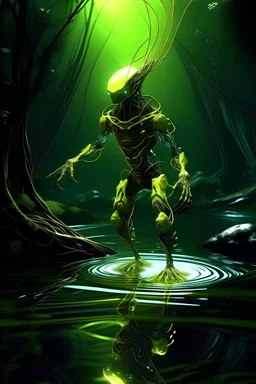 The Infamous Rogue dynamic pose, shimmering light, intricate details, light art, placed in a science fiction swamp on an extraterrestrial world, colors deep and rich,