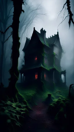 Scene of scary haunted house, thick fog, atmosphere of darkness, overgrown forest, horror, depressing atmosphere