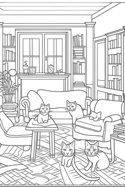 coloring page for kids, Cats in the living room, cartoon style, thick lines, low detail, no shading