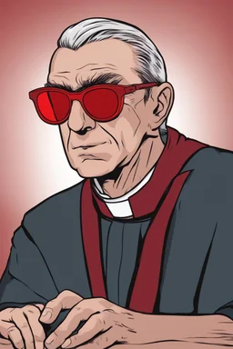 hand gruber as a judgmental priest wearing red sunglasses