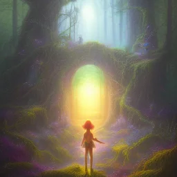 spray painting fantasy art, close up on young elf standing in portal to wet forest world from desert world, poetry book illustration