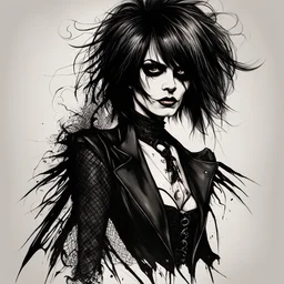 create a wild caricature of Chrissie Hynde as a savage, sullen, gothpunk vampire girl with highly detailed and refined facial features and hair, clothed in an ornate Gothic rags and fishnet stockings, in the caricature cartoon style of Gerald Scarfe and Ralph Steadman, precisely drawn, boldly inked, vividly colored, 4k