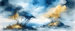 concept art stormy coast with golden trees, lineart, watercolour light soft monochromatic blue transparent