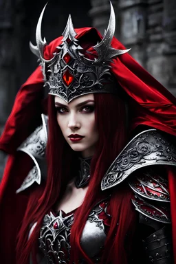 Creepy photograph Silver and red fantasy Beautiful Queen Vampire armour, with a red cape, with black and red spikes coming out the back and arms, glowing red eyes, long red hair pony tail coming out,at castle