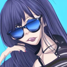 Anime girl Black clothes glases Blue hair happy