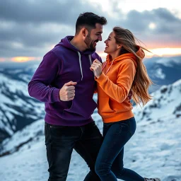 Hyper Realistic Close Shot Of Romantic Couple (Handsome Muscular Man Wearing Purple Hoodie Smiling And Black Jeans With Woman Wearing Orange Hoodie And Navy-Blue Jeans Smiling And Both Looking At Each Other Romantically And Getting A Bit Close) And Both Wearing Sneakers Dancing On A Icy Mountain With Cold Breeze And Snowy Mountains At Cloudy Sunset Showing Dramatic & Cinematic Ambiance.