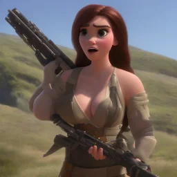 A girl with big boobs and beautiful and large military rifle in the galactic space