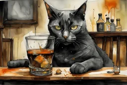 macskássy izolda, childrens book illustration, a frightened looking black and white cat with a cigarette in his mouth, a glass of whiskey in his hand, looking just at us in a smoky pub van eyck, painted on rough canvas with exaggerated lines, sharp brushstrokes, dripping, plastic paint watercolor and ink, oil on canvas S<AI jean baptiste monge