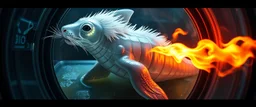 The image depicts a fantastical shark squirrel snow soup, specifically a transparent with neon plasma aura, with a unique and whimsical appearance. The seal dragon spitting flames is positioned in a circular frame, which suggests it might be inside a container or a vessel. The body is elongated and has a segmented appearance, with a detailed texture that gives it a realistic look. Its head is covered with white, spiky hair, adding to its fantastical charm. From the weird dragon lab.