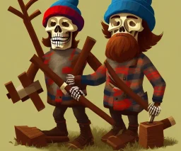 a skeleton lumberjack wearing a wool cap, in the style of Stephen hillenberg