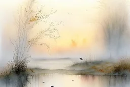 Sunrise on a misty morning. over a misty pond in the hieght of fall.Watercolour by Alison Brady. Pastel colours Arthur Rackham Gothic Watercolour Jean-Baptiste Monge Ernst Haeckel Minimalist Kay Sage watercolour art