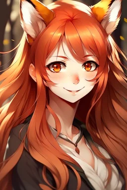 A woman with long red hair, gold eyes, large fox ears, slight smile, pale skin, anime