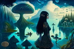 A skinny woman with a Cleopatra hairstyle, short skirt, and knee-high boots, looking out over a lake, in an alien forest, with tall cloud trees, flying mushrooms with octopus tentacles