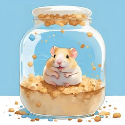 cute fat satisfied baby Hamster lying on back, very big blue eyes, in a glass cookie jar with crumbs, artistic, nostalgic, by Pascal Campion and Norman Rockwell, dramatic, splash art, dynamic