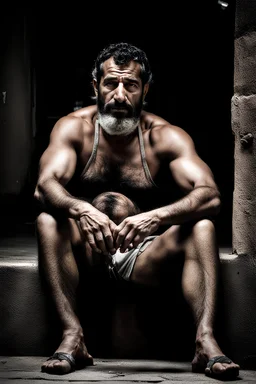 macho viril ugly muscular arab man in the darkness, sleeping relaxed sitted on an little empty street, 46 years old, bulging dirty shorts pants, dirty, bullneck, hands behind the neck, manly chest, very hairy, ajar mouth, short beard, big shoulders, relaxed, photorealistic, well defined facial features, half figure photography, big nose, in the night, misery and poverty, view angle from the ground, dim side light