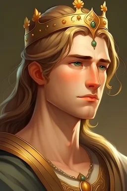 A medieval prince with fair hair gathered in a bun behind his head and a bit of long hair near the ears bright eyes bright and beautiful face