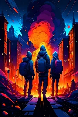 Vibrant Vector Art, group of Guys in hoodie, keyboard in backpack, nigh time city street on fire, raining, nebula, houses burning, planets in sky, missiles incoming , people in background