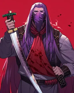 Man with Purple long hair, purple eyes with murderous intent, wears a mask around his neck without covering his mo, He wears an assassin's outfit, carries a katana, dark red background, his face is stained with blood on his cheeks, he has a calm and cold expression, and He is a 23-year-old man but has a light body and not that strong, You have a "Z" mark on your clothes, As I said, his body is not that heavy so he is very thin, being very normal compared to people.