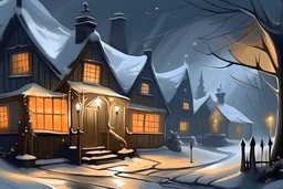 deseneaza un o imagine in tempera ,cu lumini si umbre, cu linii oblice , cu outlinii de contrast la culori ,cu mare acuratete si contrast ,reprezentand o o taverna dintr-un sat din scotia , iarna cu ninsoare si ceata , stil pictura pe sticla