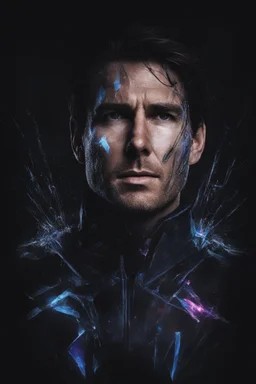 Tom Cruise facial portrait - pitch-black background with a blue glowing overhead spotlight effect, multicolored shards of ice, splashing water, prism effect, mosaic effect, time travel, space voyages, superheroes, moving really fast