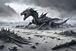 An image of an ancient battlefield located on a flat plain, covered in gray ash. Scattered across the battlefield are remnants of human warriors, weapons, and armor, all clearly lifeless. Fantasy settProminently featured is the skeleton of a dragon with big horns and wings, half buried in the ash. Ash flakes float in the air like gray snowflakes, partially obscuring and dimming the sun, creating a somber and eerie atmosphere. Fantasy setting.