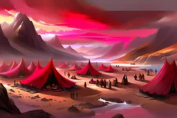 painting, landscape, artistic, illustration, artstation, black desert, black sand, bleak, pale red sky, large bustling camp, tall iron monolith, tightly packed leather tents, vereshagin style