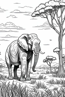 Feature an elephant, in a savannah setting, with a few acacia trees, clean line art, white background, no shadows, black and white coloring book.