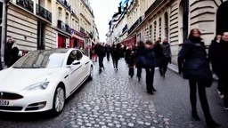 A Tesla's 'Model S Plaid' is racing at top speed, by the 'Sacre Coeur', in Paris. CINEMATIC. WIDE ANGLE LENS. PHOTO REAL.
