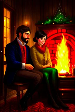 Fire place Christmas scene, dark haired couple, man with short black beard, blue eyes, young couple, graphic