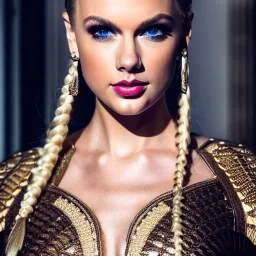 beautiful young queen with white latex body armor, intricate details, full body portrait, delicate white braided hair with ponytail, glass eyes, highly detailed, 8k, ambient light, taylor swift, keep head in frame