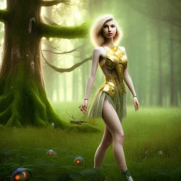 upper body of blond selda leaning against tree, jewelry, fast walker, as a young cute feminine woman, short hair, green forest background, pond, mega flowers, dusk, 100 fireflies, throne