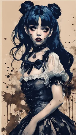 Poster in two gradually, a one side malevolent goth vampire girl face and other side the Singer Melanie Martinez face, full body, painting by Yoji Shinkawa, darkblue and sepia tones,