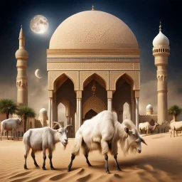 Hyper Realistic Photographic-Center-View of Goat, Cow & Camel outside Detailed-Crafted-Islamic-Architecture-Mosque-Arche with stars & a-half-moon with grass-patches-whirling-on-sand-land showing dramatic & cinematic ambiance.