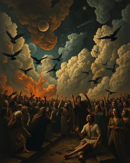 Bosch painting style, nightmare , people suffering in hell , dramatic, great quality picture with cinematic scenes , show only heavy clouds in the background, like stars in the sky , and black birds fill the backgrounds