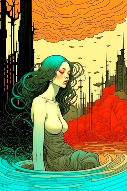 create a highly ethereal, darkly magical surrealist illustration of a vampire girl, with highly detailed and deeply cut facial features, in a chaotic, turbulent, otherworldly landscape, in the style of SALVADOR DALI, GUSTAV KLIMT, and KATHE KOLLWITZ combined with the comic art style of BILL SIENKIEWICZ and JEAN GIRAUD MOEBIUS, searing lines and forceful strokes, precisely drawn, inked, and darkly colored