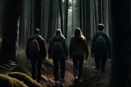 group of people walking in silence out of forest
