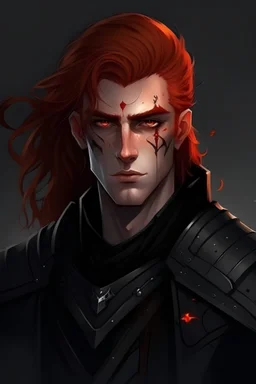 Male Vampire, Shorter Ginger Mullet with shaved side, Dark armour, Red Eyes.