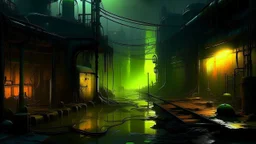 A gassy, neon-yellow glow illuminates a dark and mysterious industrial landscape, filled with the stench of sewer and rotten metal. Volumetric lighting and dimensional 3D illumination create a sense of depth and atmosphere, casting long, dark shadows and fog. The scene is blurred, giving it a dreamlike, neo-expressionist quality. The focus is on the eerie, industrial setting, with its rusted pipes, towering structures, and ominous fog.