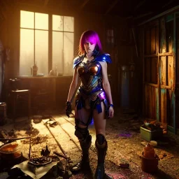 dark and gloomy full body 8k unity render, female teen cyborg, Blue yonder hair, wearing broken battle armor, at cluttered and messy shack , action shot, tattered torn shirt, porcelain cracked skin, skin pores, detailed intricate iris, very dark lighting, heavy shadows, detailed, detailed face, (vibrant, photo realistic, realistic, dramatic, dark, sharp focus, 8k)