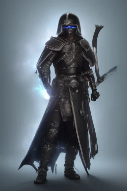 A warrior with a matte black combat helmet and eyes with bright blue flaming pupils, a black cape and a long coat with long combat boots and a long, sharp and fiery spear and with his helmet under his cape and two blue flames instead of eyes